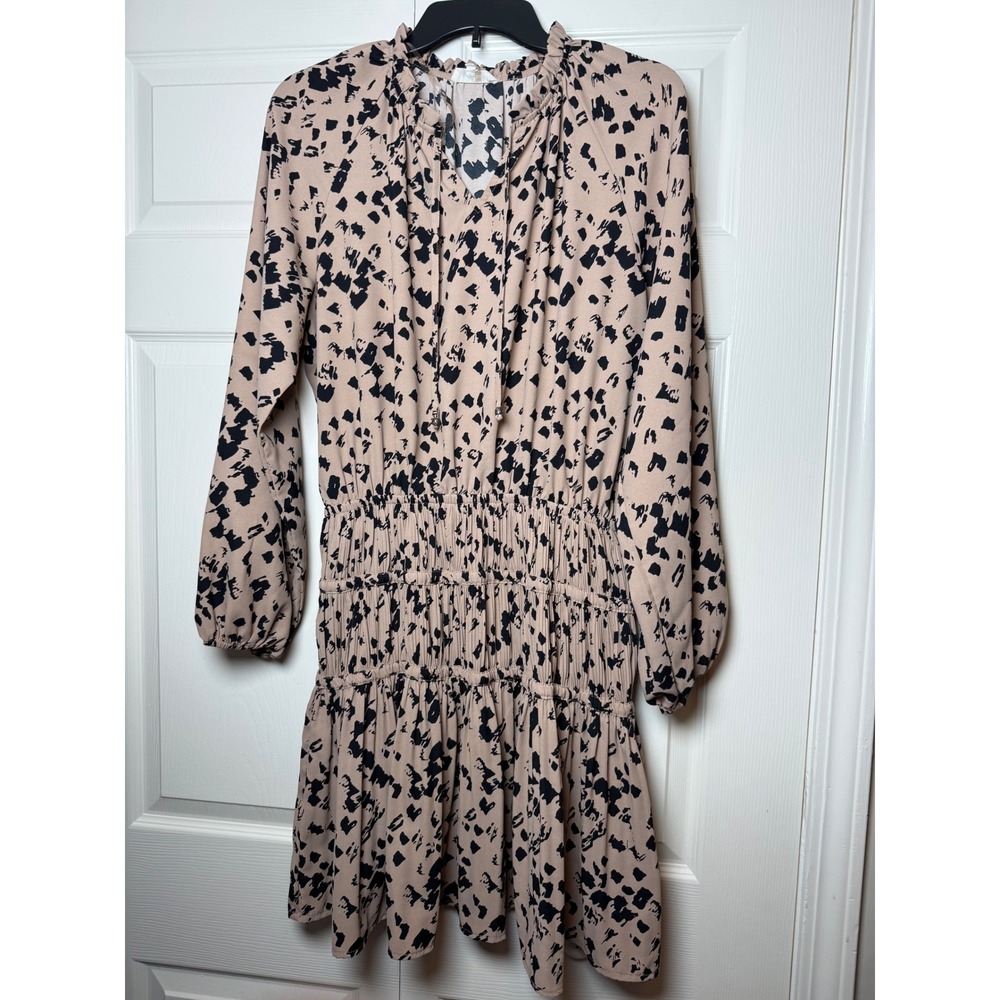 Entro Tan Black Abstract Print Smocked Waist Ruffle Mini Dress M
